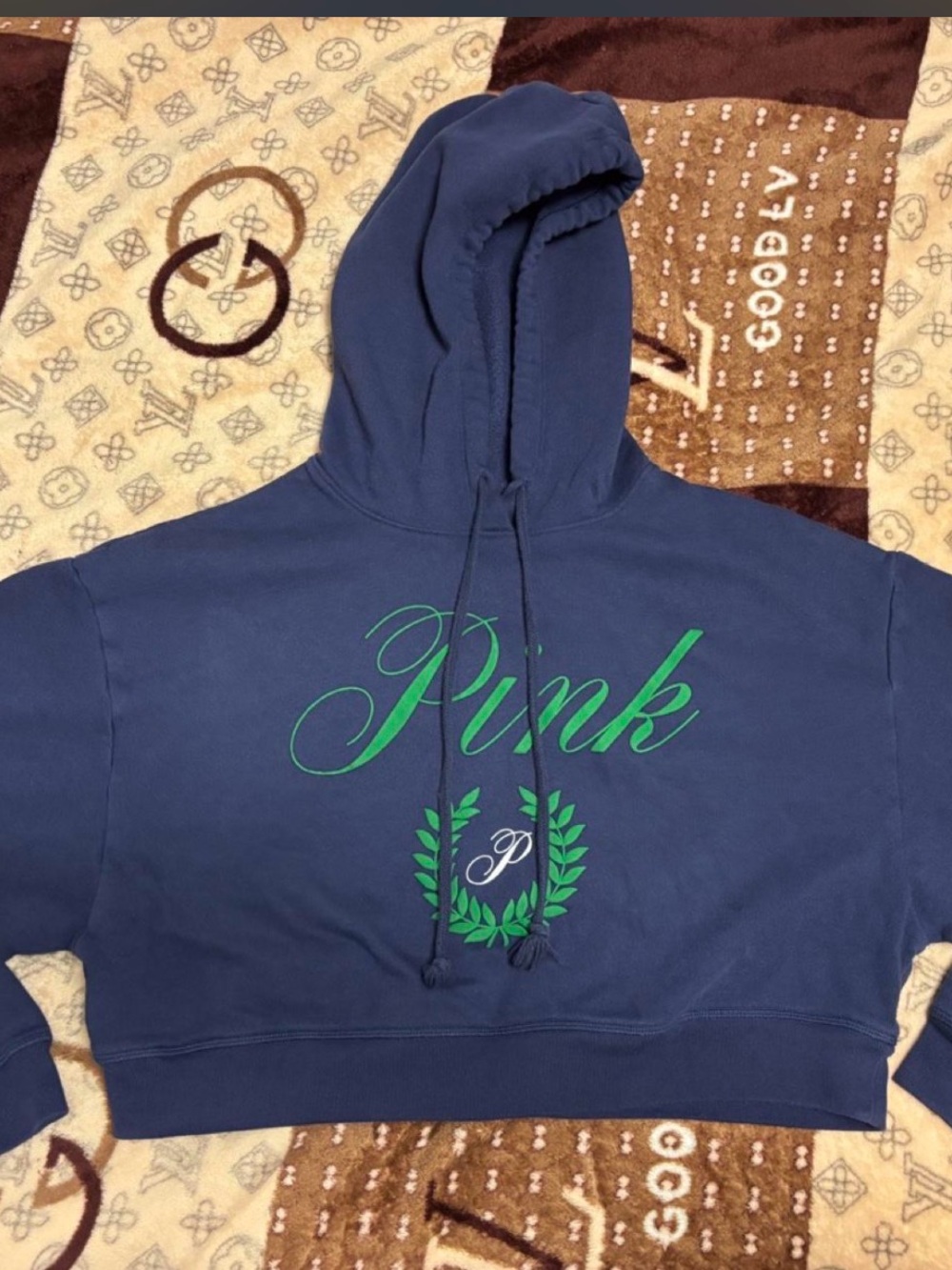PINK Victoria's Secret Navy Cropped Hoodie with Green Script Logo